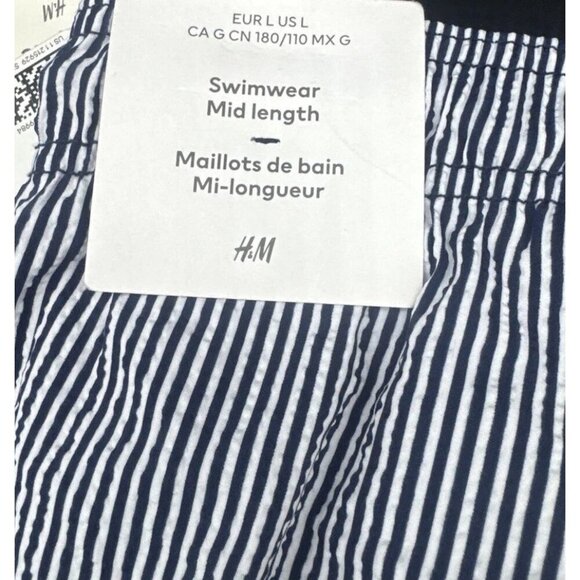 H&M Mens Blue White Striped Mid-Length Swim Shorts Mesh Lining Pockets Sz L NEW - Picture 11 of 14